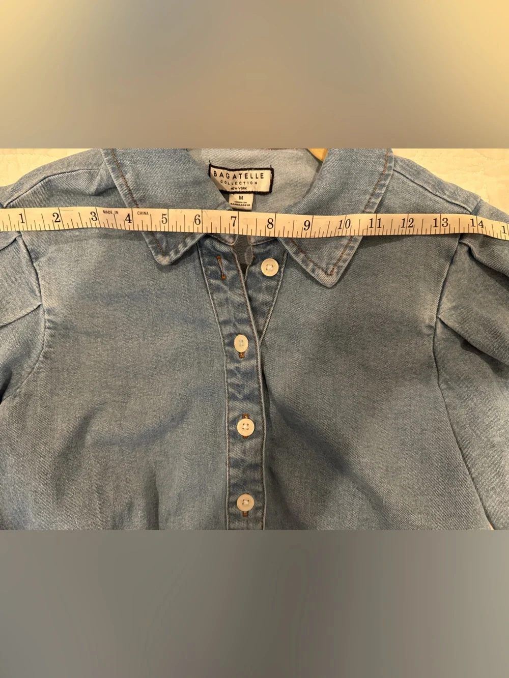 Bagatelle Collection Denim Puff Sleeve Button Front Top Blouse Size M